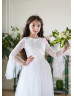 Bell Sleeves White Lace Tulle Flower Girl Dress